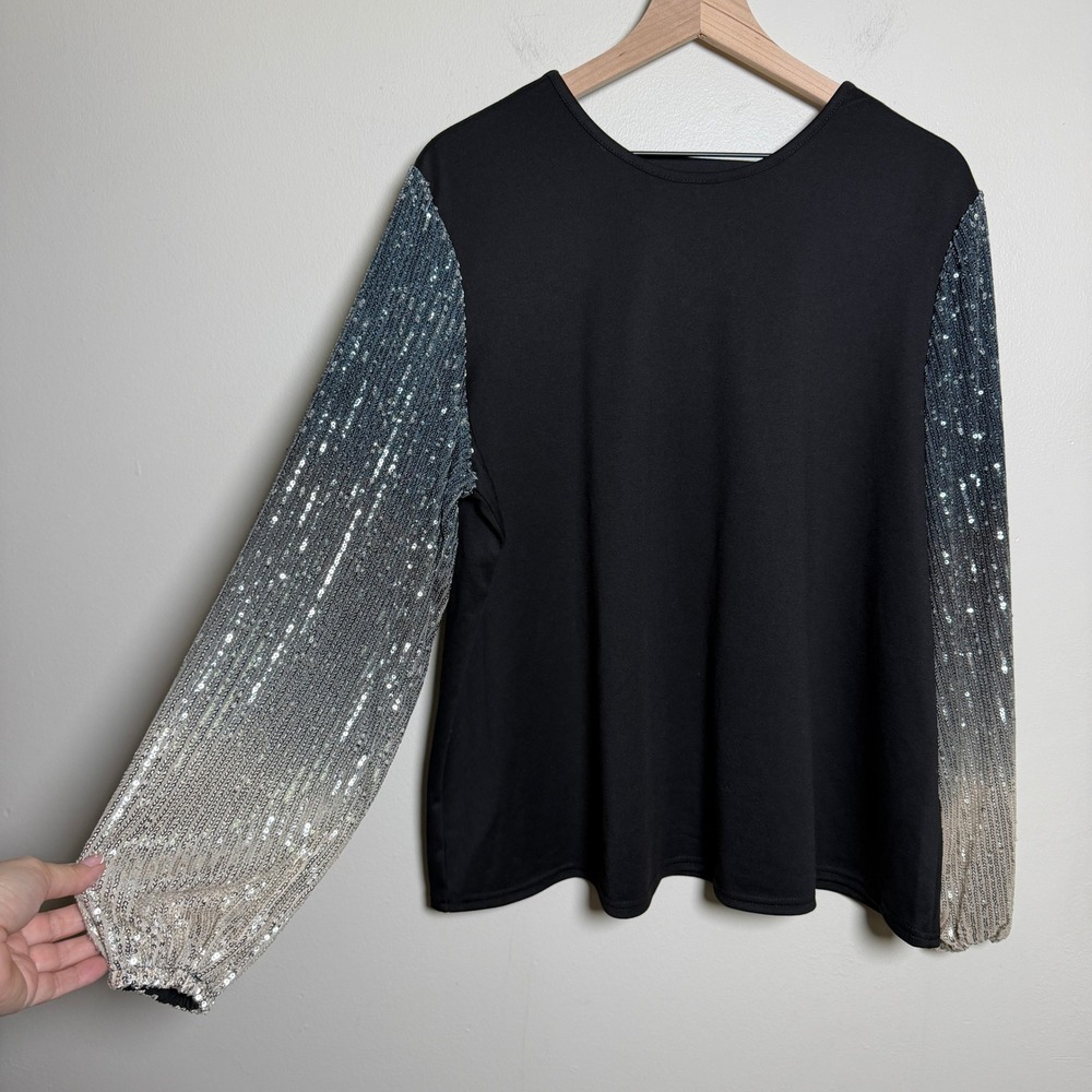 Cato Womens Top XL Black Sequin Ombre Long Sleeve Evening Sparkle Holiday Glam